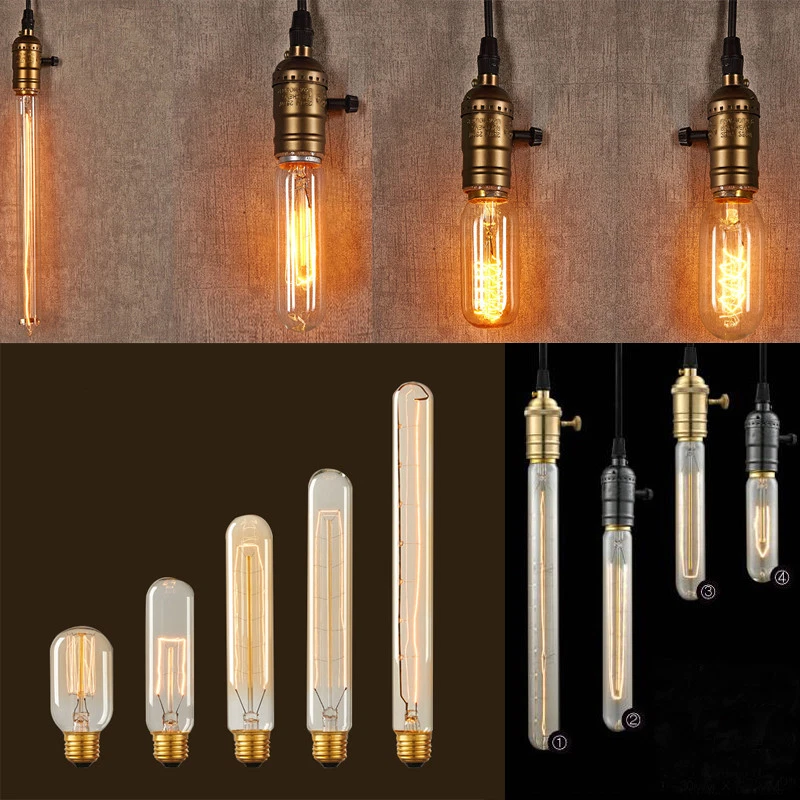 Edison E27 B22 Tube Bulb Antique T10 T45 T300 Filament Lamp Retro Vintage Lights