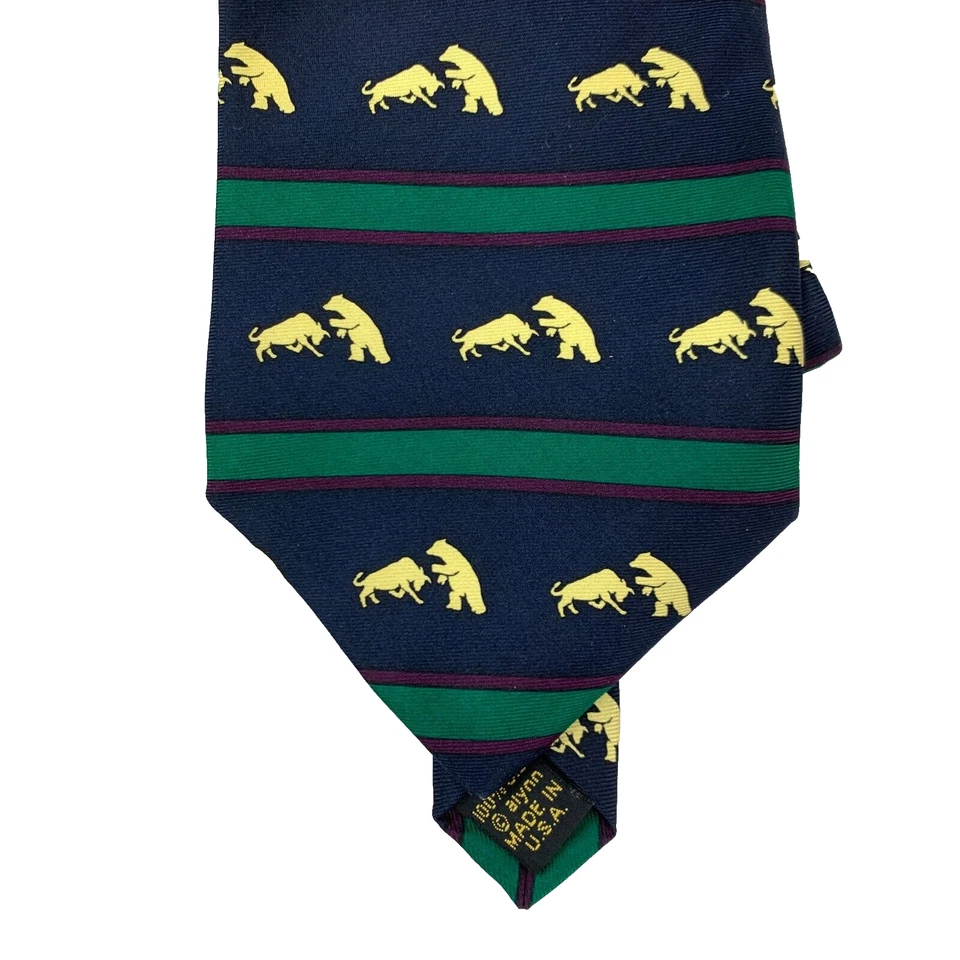 Corbata de seda vintage Alynn Bull & Bear Stock Exchange para hombre a rayas EE. UU. 57 x 4" Foto 2 de 4