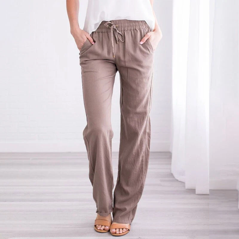 Ladies Elastic Waist Pocket Bottoms Long Pants Women Solid Cotton Linen Trousers
