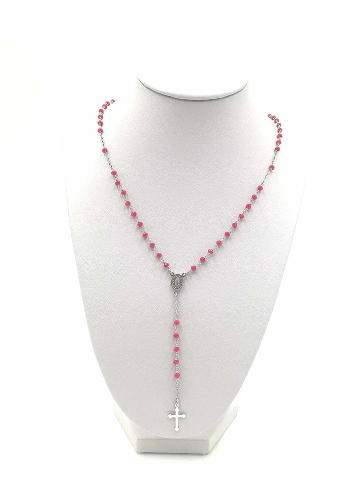 COLLANA A ROSARIO IN ARGENTO 925 RODIATO IN ORO 18KT E PIETRE ROSSE - Immagine 2 di 4
