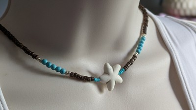 Summer Beaded Necklace Handcrafted, White Howlite Starfish And Turquoise, Wood 