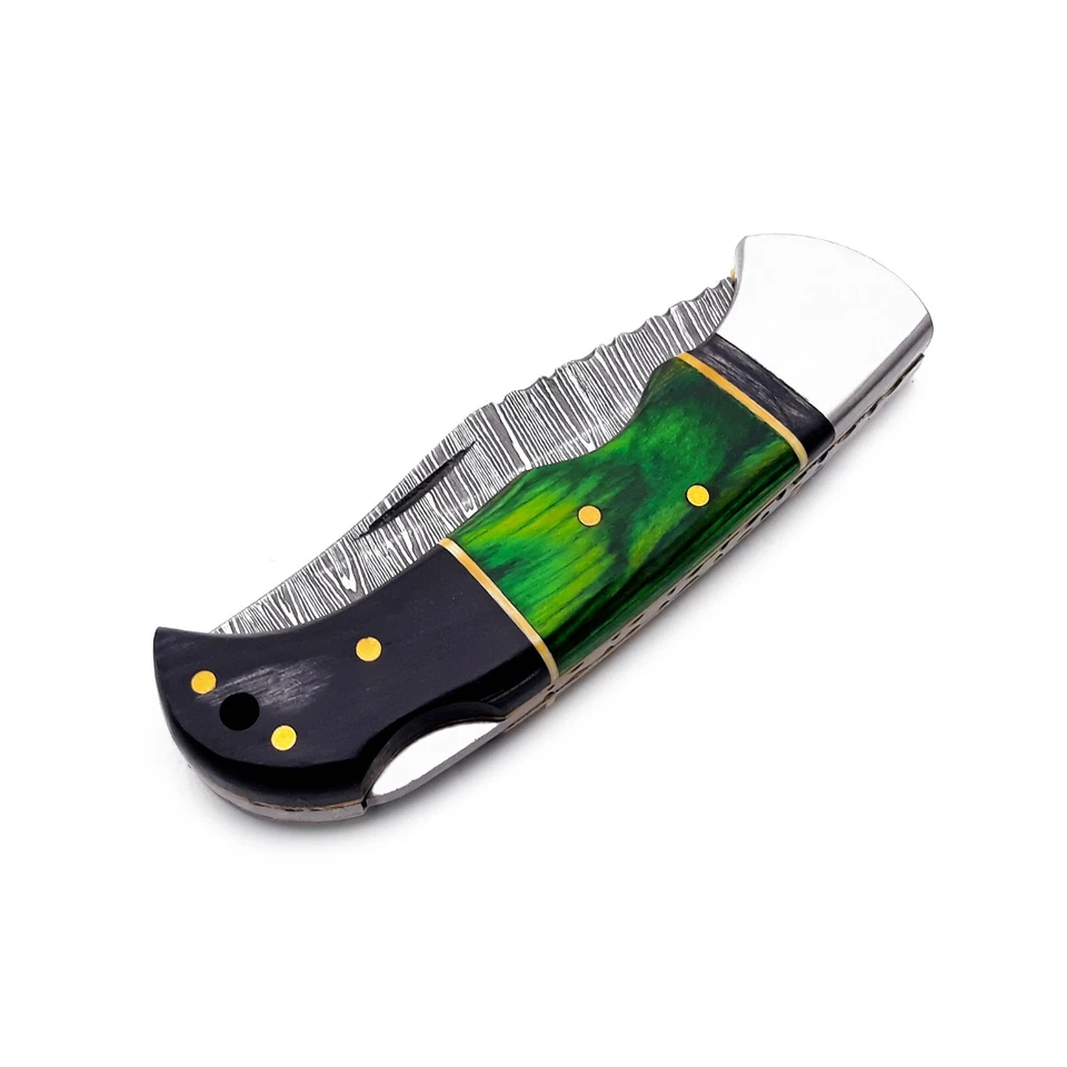 Cuchillo de bolsillo plegable con bloqueo trasero hecho a mano Damasco camping caza cuchillo bolsa Foto 4 de 4