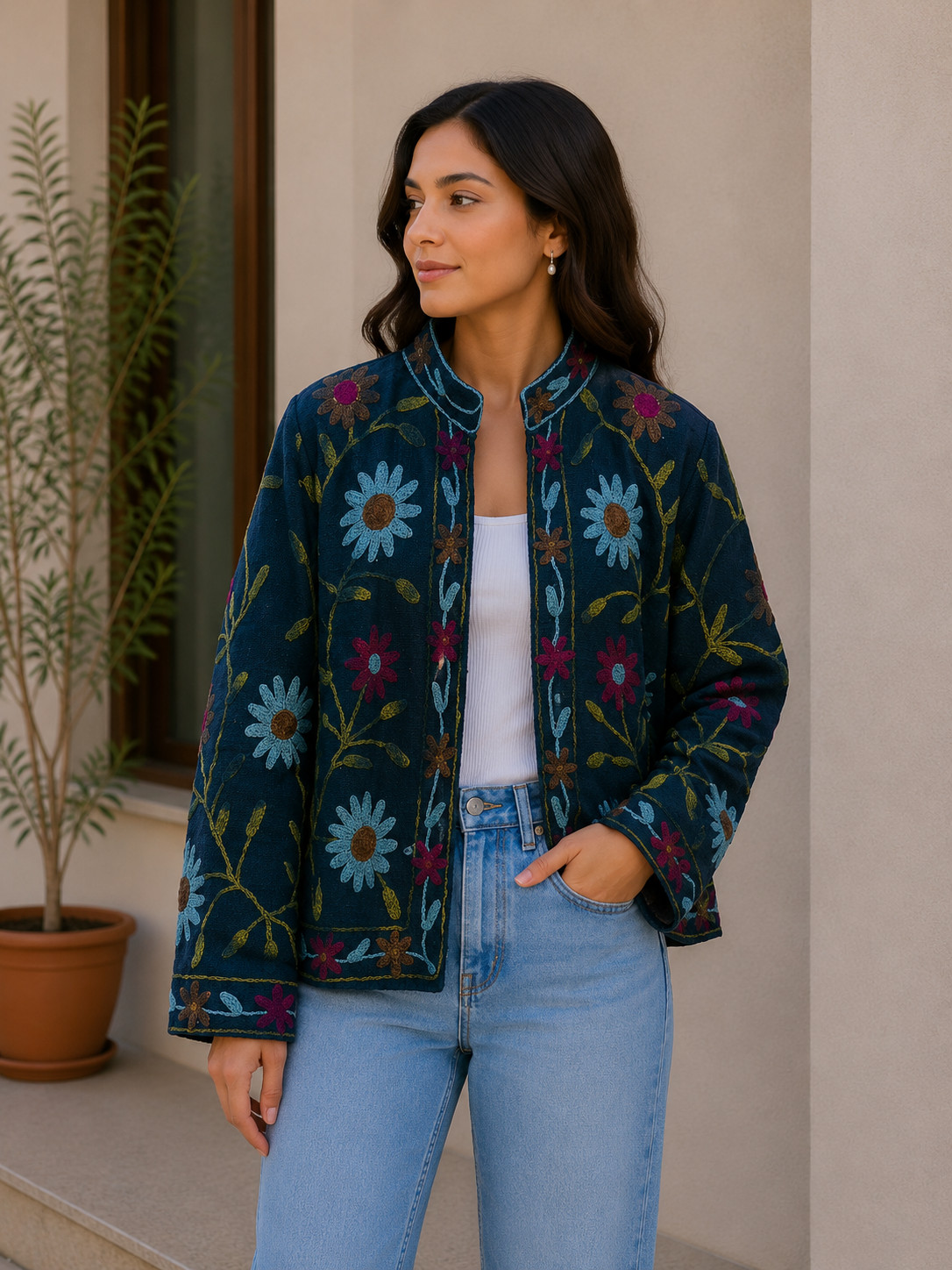 Blue Cotton Suzani Jacket Bright Women’s Handmade Floral Boho Outerwear Jackets