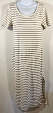 Old Navy SS Fitted Ribbed Earth Brown Stripe Ivory Maxi T Shirt Dress Womens L