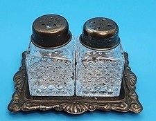 Vintage Sterling Silver & Etched Crystal Mini Salt & Pepper Shakers with Tray