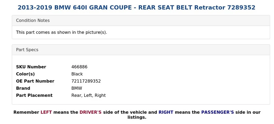 2013-2019 BMW 640I GRAN COUPE — натяжитель заднего ремня безопасности 7289352 - Изображение 3 из 4