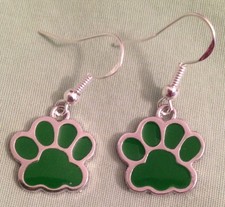 GREEN PAW PRINT EARRINGS - Enamel with Sterling Silver Ear Wires - DOG CAT PET