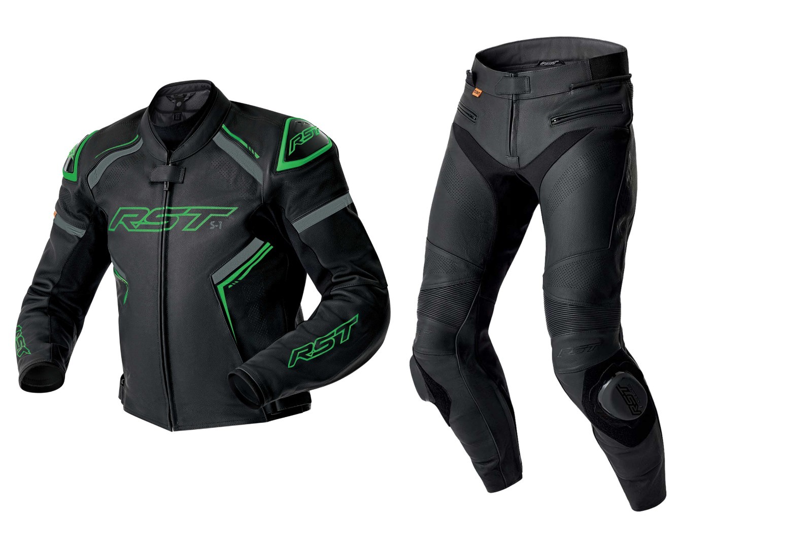 RST S1 D30 Motorcycle Sports CE Leather Jacket/Trousers 2PC Black/Kawasaki Green