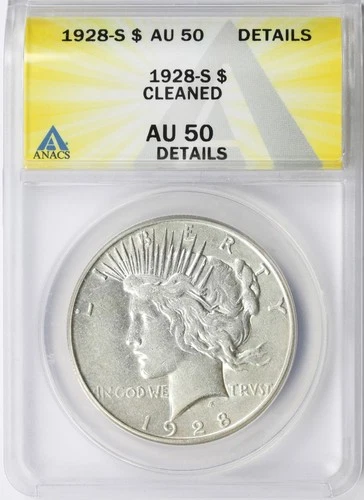 1928-S $1 Peace Dollar ANACS AU50 Details Cleaned