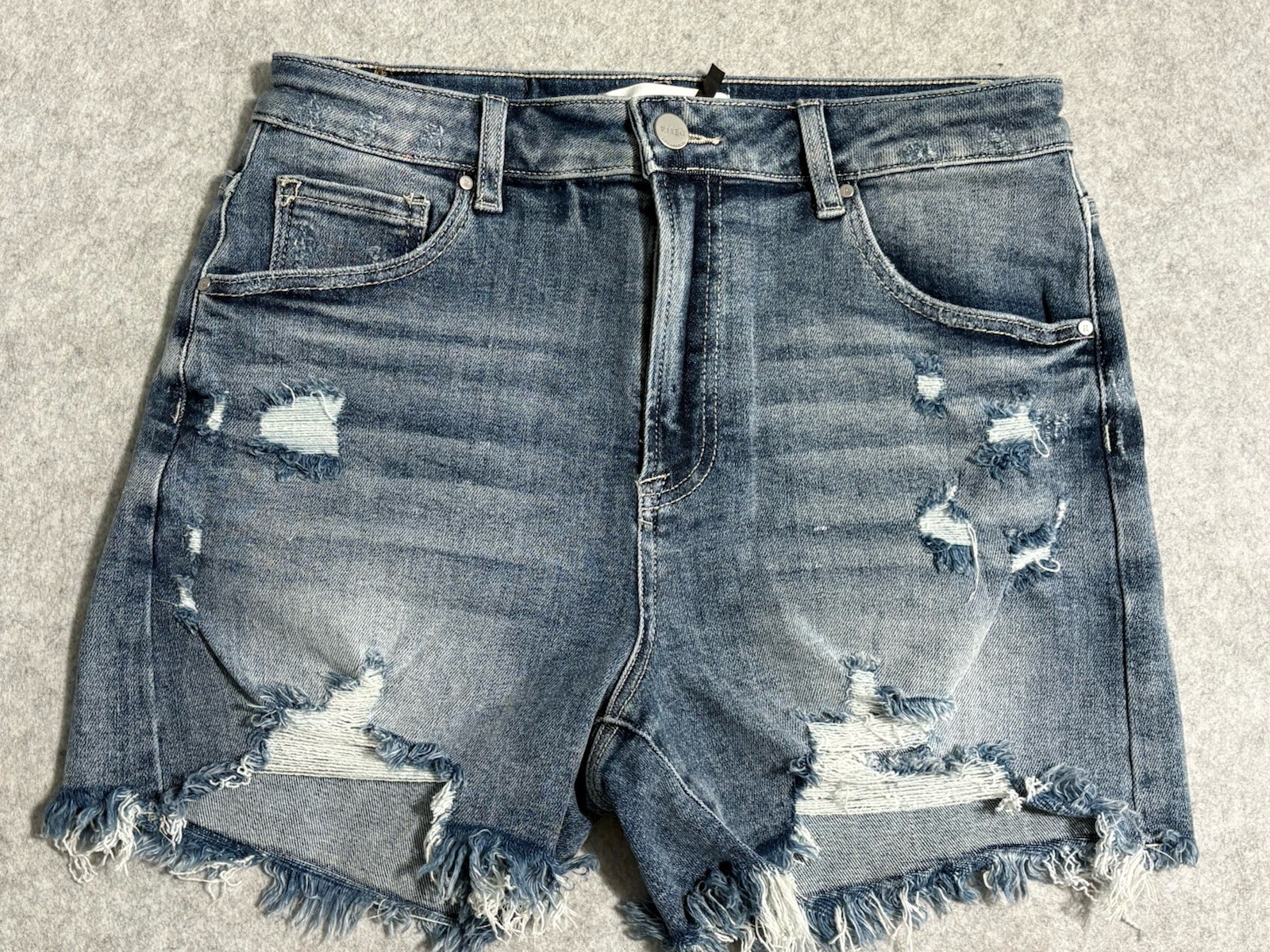 Risen Jeans Denim Shorts Womens Large High Rise Distressed Raw Hem Stretch