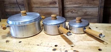 Vintage Mirro USA Non-Stick Aluminum Pans Wooden Handle w/ Lids