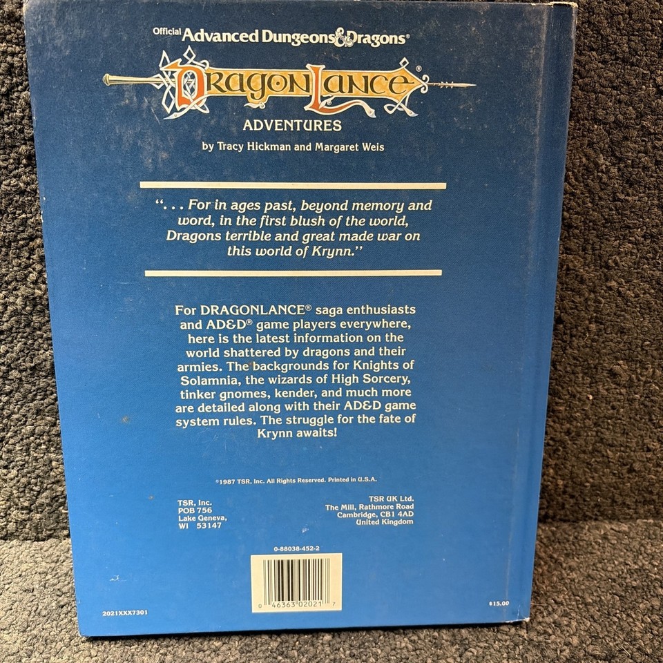 Dragonlance Adventures AD&D D&D TSR 1987 Hardcover Advanced Dungeons ...