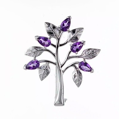 Sterling Silber Brosche Lebensbaum natürlich lila Amethyst Edelsteine verpackt Geschenk