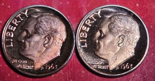 1963 (two) Toned Proof Roosevelt Dimes $.20 Face Value 90% Silver