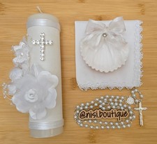 Baptism Candle Set, Christening 4 PC Set, White Color, Handmade Vela de Bautizo