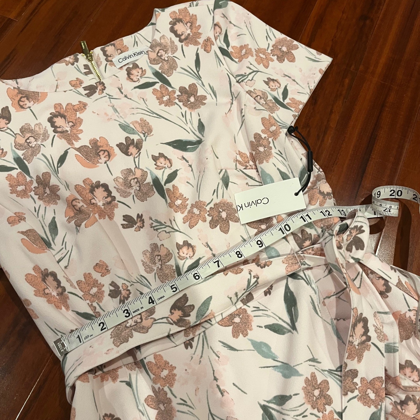 Calvin Klein Floral Dress Midi Belt Blush Light Pink Multi Shoulder Pad New Sz 4 thumbnail 10