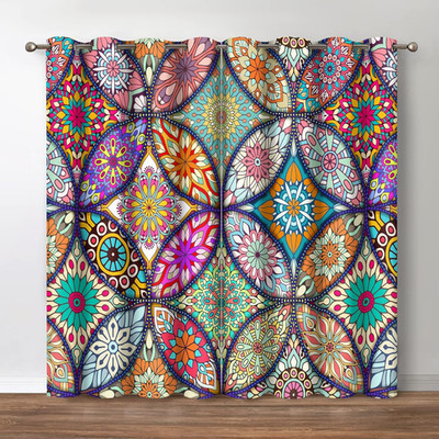 Boho Floral Blackout Curtains - Bohemian Colorful Mandala Flowers Print Theme Gr