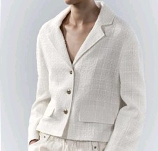 Zara ZW Collection Textured Tweed Ivory Blazer Hammered Gold Buttons Sz S NWOT