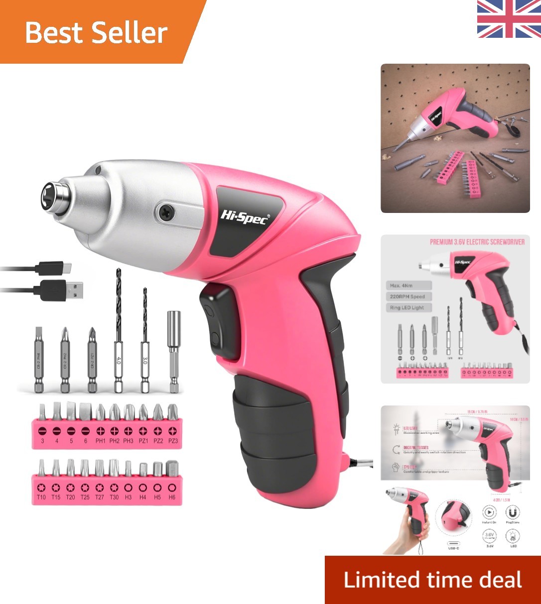 Elegant Pink 3.6V Cordless Electric Screwdriver Set – 27 Piece Complete Kit