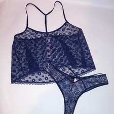 Victoria Secret Camisole Set XS Camisole Small Panty Navy Blue Strappy Lace New