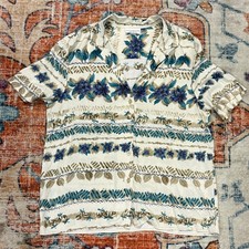Alfred Dunner Vintage Floral Stripe Button Down Shirt Blue Teal Tan Made in USA