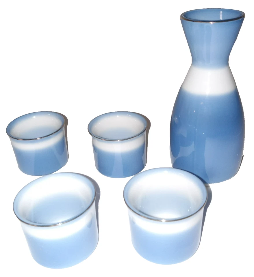 Kutani Blue & White CRANE Bonsai Porcelain SAKE Set 5 Piece Vintage Japanese - Image 4 of 4