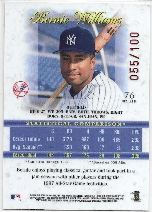 1998 Topps Gold Label Red Label Bernie Williams #76 /100 - Yankees - Image 2 of 2