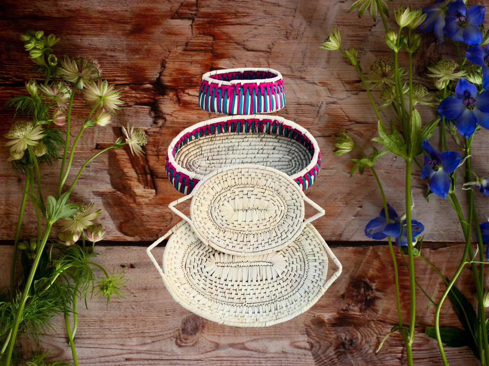Set of Handmade Date Palm Leaf Spoon Boxes & Set of Serving Trays (Bundle of 4)