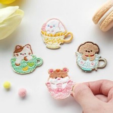 Lot 4x Embroidered Iron On Patches Patch Sticker DIY Cute Kawaii Cup Animal Cat