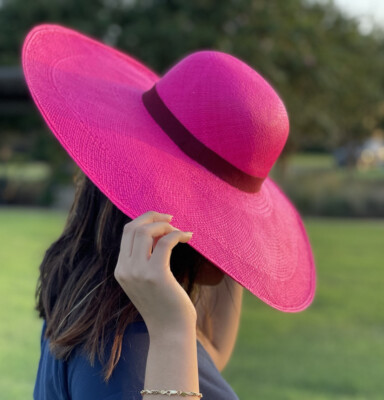 Vintage Hot Pink Wide Brim Straw Fedora with Black Band Women main image 2