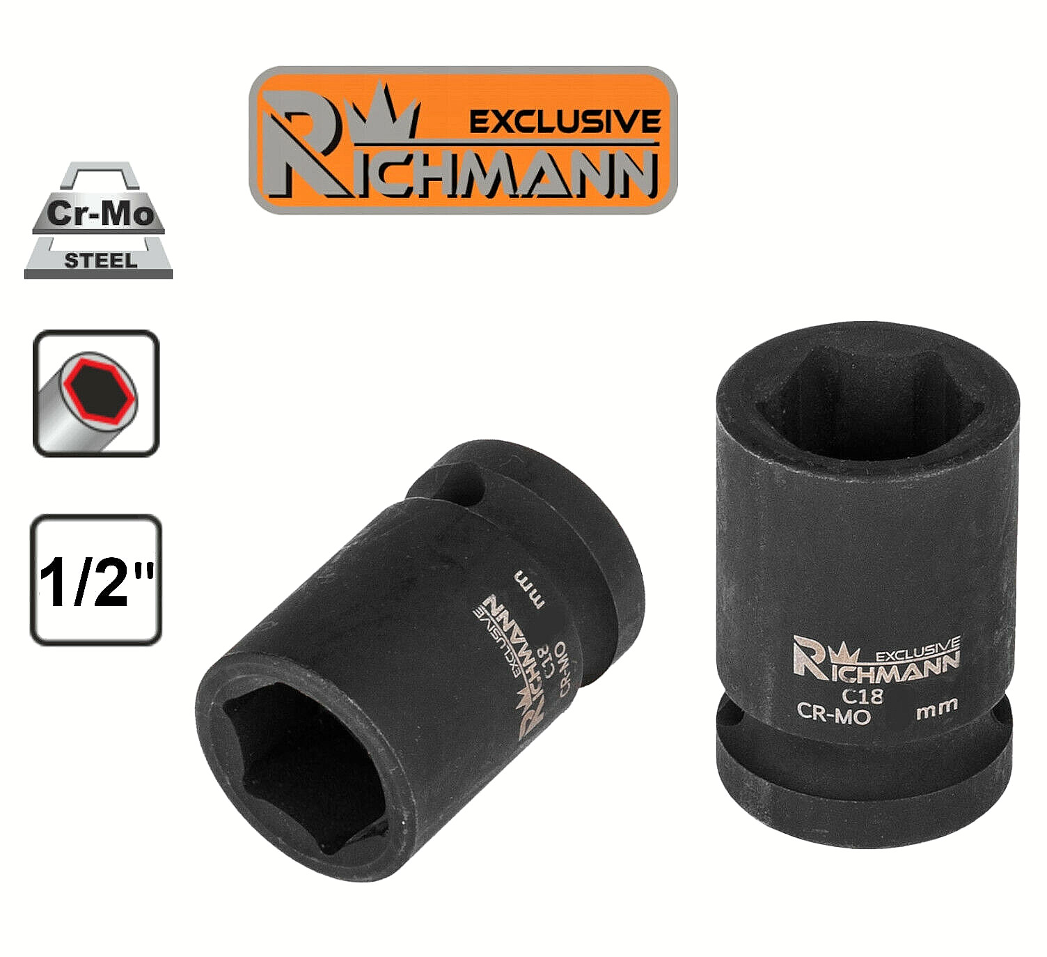 Jeu de 10 douilles à chocs RICHMANN 1/2 de 38 mm en Chrome-Molybdène