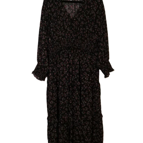 VETEMENTS Maxi Abito XL Nero Floreale Trasparente Chiffon Manica Lunga Scollo a V