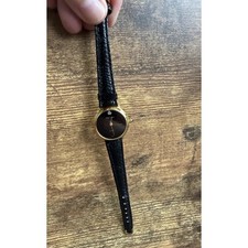 Vintage Oleg Cassini Quartz Watch Gold Tone Genuine Diamond Black Leather Band
