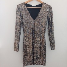 Mango Sequin Dress Short Gold Small Long Sleeved Short Mini Party Club 8 10