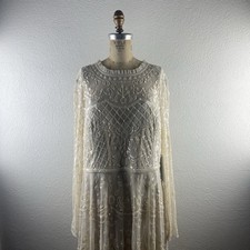 Mac Duggal l 14 Sequined Illusion High Neck Long Sleeve Midi Dress Nude Wedding