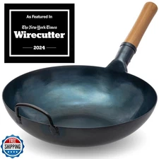 YOSUKATA 13.5” Blue Carbon Steel Wok Pan – Pre-Seasoned Flat Bottom Wok Compa