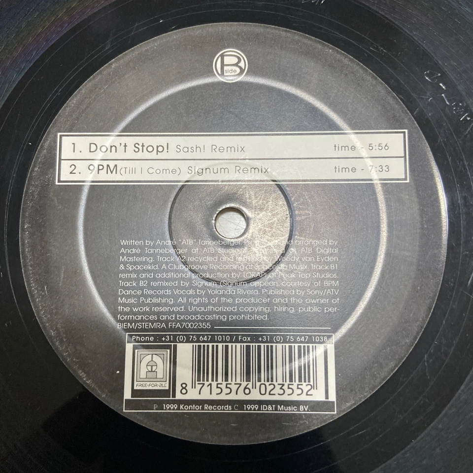 ATB - Don't Stop - 12" Remixes - ATB Remix Sash/Signum/ Spacekid Kontor Records  - Image 2 of 4