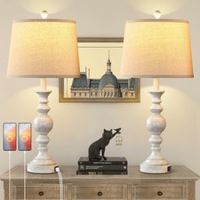 Farmhouse Lamp for Bedroom Set of 2, Rustic Table Lamp with Dual USB Charging...