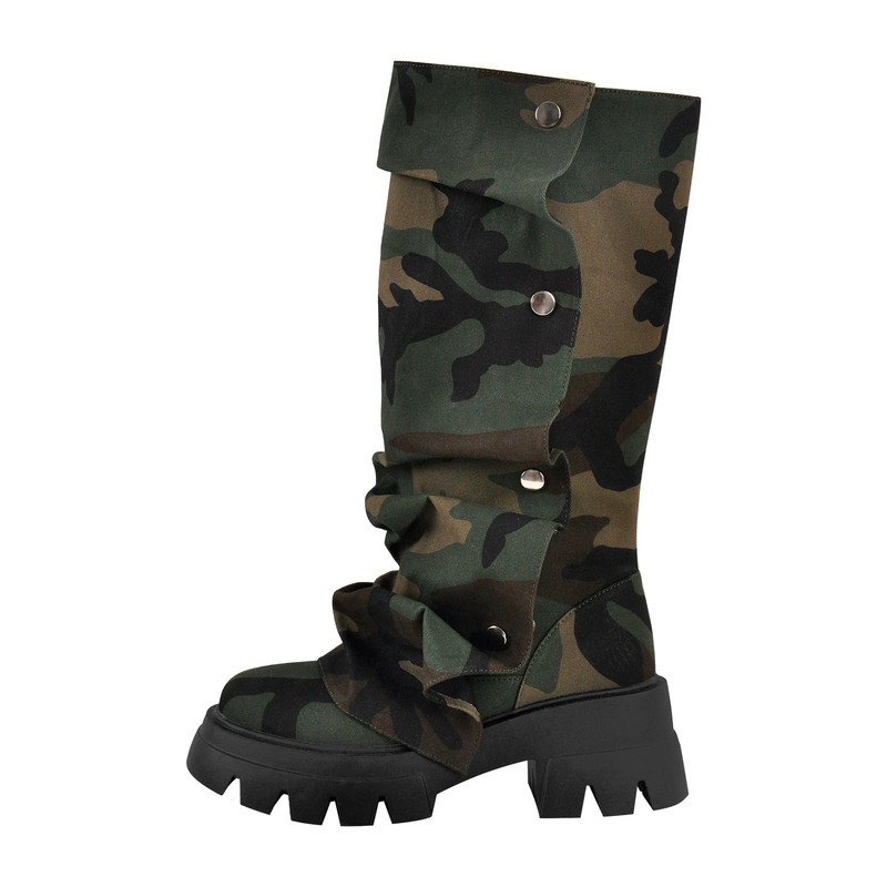 Camouflage Print Fold Over Mid High Lug Sole Platform Boots US9