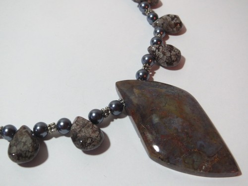 Vintage Jasper Gemstone Drop Bead & Faux Gray Pearl Boho Necklace w/Pendant 19" - Picture 3 of 9