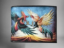 Roosters Printed Western Leather Wallet Billetera Vaquera De Piel Con Gallos