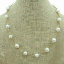 New round AAAA 8-9 MM Akoya white pearl station necklace 18 inch 14K Gold clasp