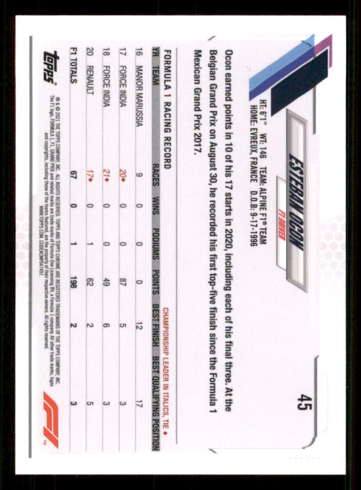 2021 Topps Chrome Formula 1 #45 Esteban Ocon - Image 2 of 2