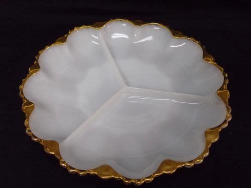 Vintage Milk Glass White 3 section Tray Plate Dish With Gold Trim 10" diameter