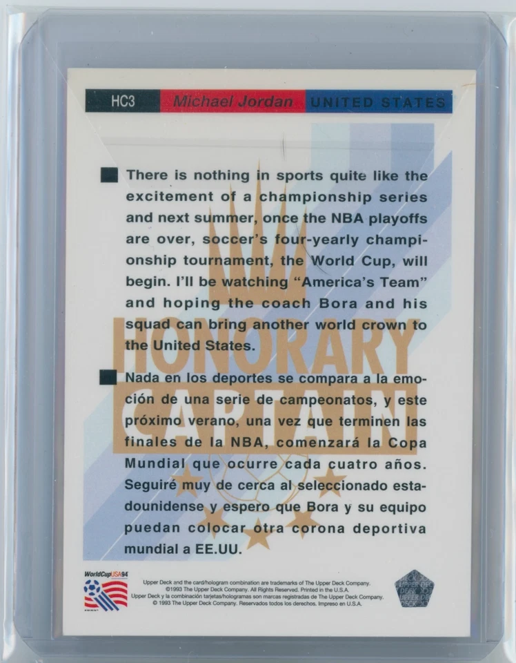 Tarjeta de fútbol Michael Jordan Upper Deck World Cup Honorary Captain HC3 1994 Foto 2 de 3