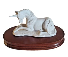 Vintage White Porcelain Resting Unicorn Figurine With Wood Base