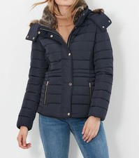 New Joules Women’s Gosway Fur Trim Padded Coat - Marine Navy - 214324 - Us12