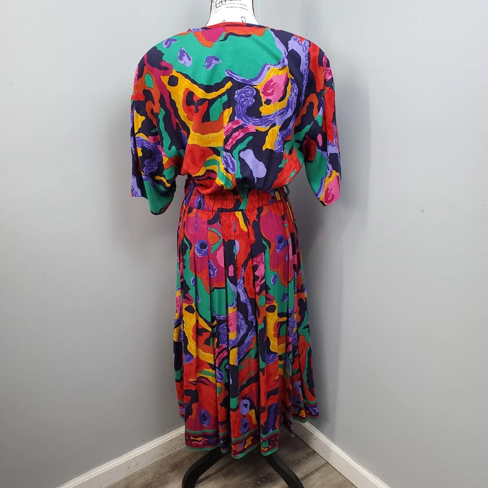 Vestido feminino vintage Together 8P multi arco-íris surplice pescoço ombreiras borradas - Imagem 2 de 4