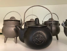 Mini Cauldron Cast iron + Lid steel handle smudge pot Hvyduty + tea pot cauldron