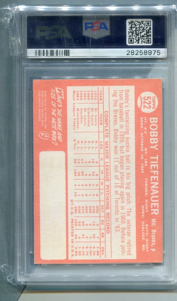 BOBBY TIEFENAUER MILWAUKEE BRAVES 1964 TOPPS MLB BASEBALL CARD #522 PSA 6 - Image 2 of 2